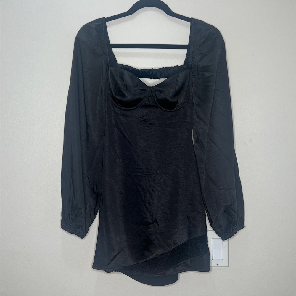 NEW Princess Polly Kato Long Sleeve Mini Dress Black Satin Dress - Picture 2 of 2
